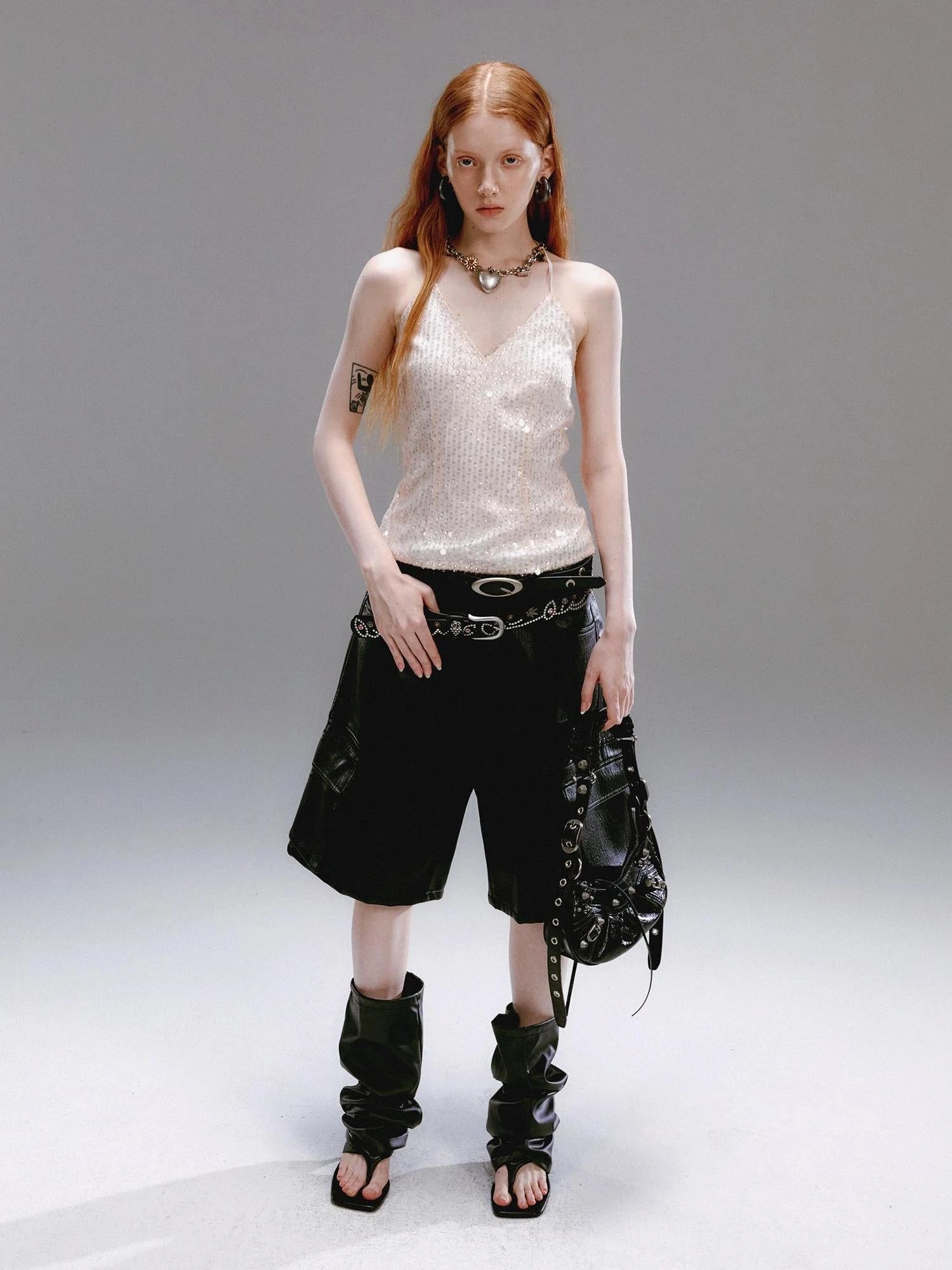 Champagne Beaded Halter V-Neck Waist Cinching Backless Vest