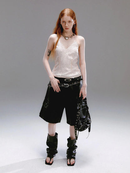 Champagne Beaded Halter V-Neck Waist Cinching Backless Vest