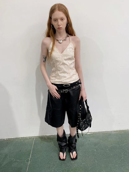 Champagne Beaded Halter V-Neck Waist Cinching Backless Vest