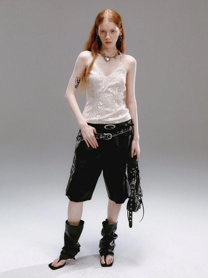 Champagne Beaded Halter V-Neck Waist Cinching Backless Vest