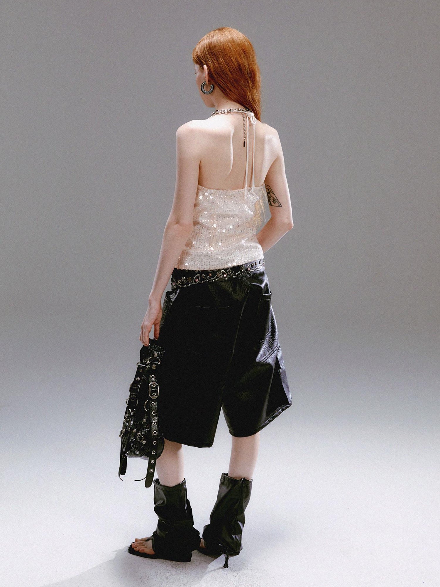 Delivery Champagne Beaded Halter V-Neck Waist Cinching Backless Vest