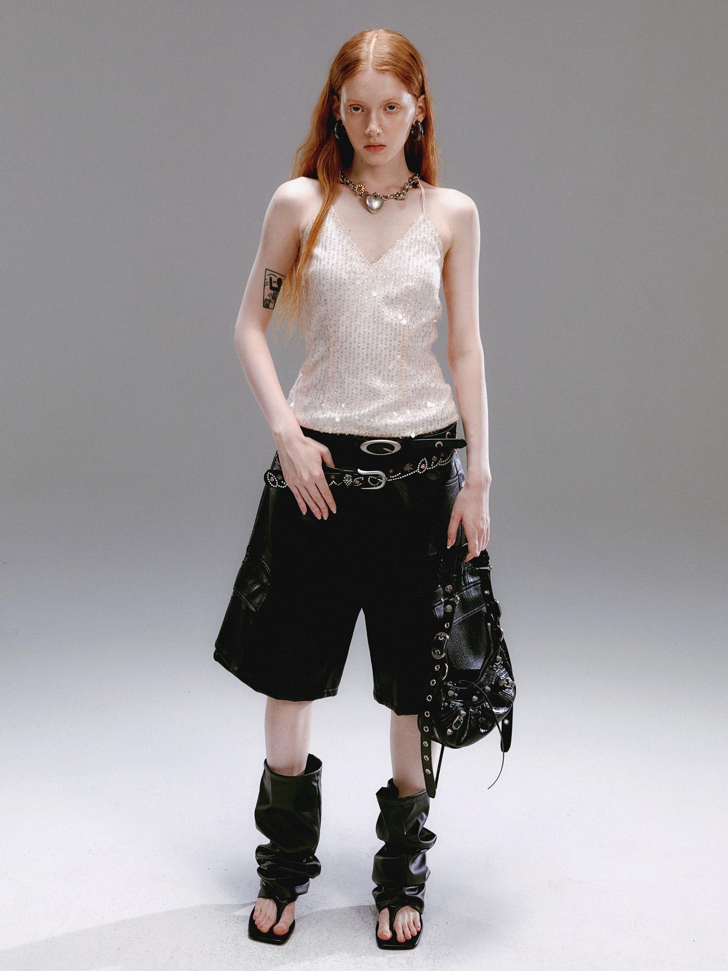 Delivery Champagne Beaded Halter V-Neck Waist Cinching Backless Vest