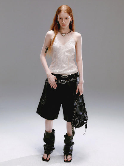Delivery Champagne Beaded Halter V-Neck Waist Cinching Backless Vest