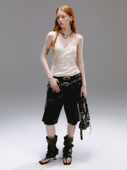 Champagne Beaded Halter V-Neck Waist Cinching Backless Vest