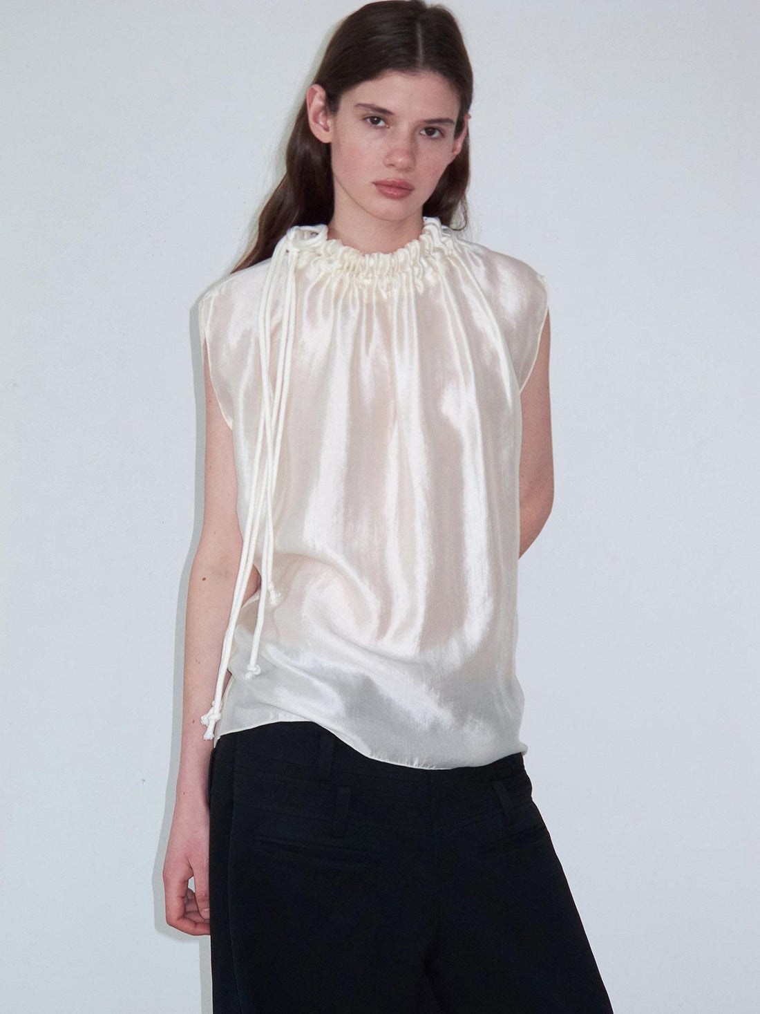 Delivery Champagne Sheen Ruched Knot Tie Lace Collar Asymmetric Shoulder Women&