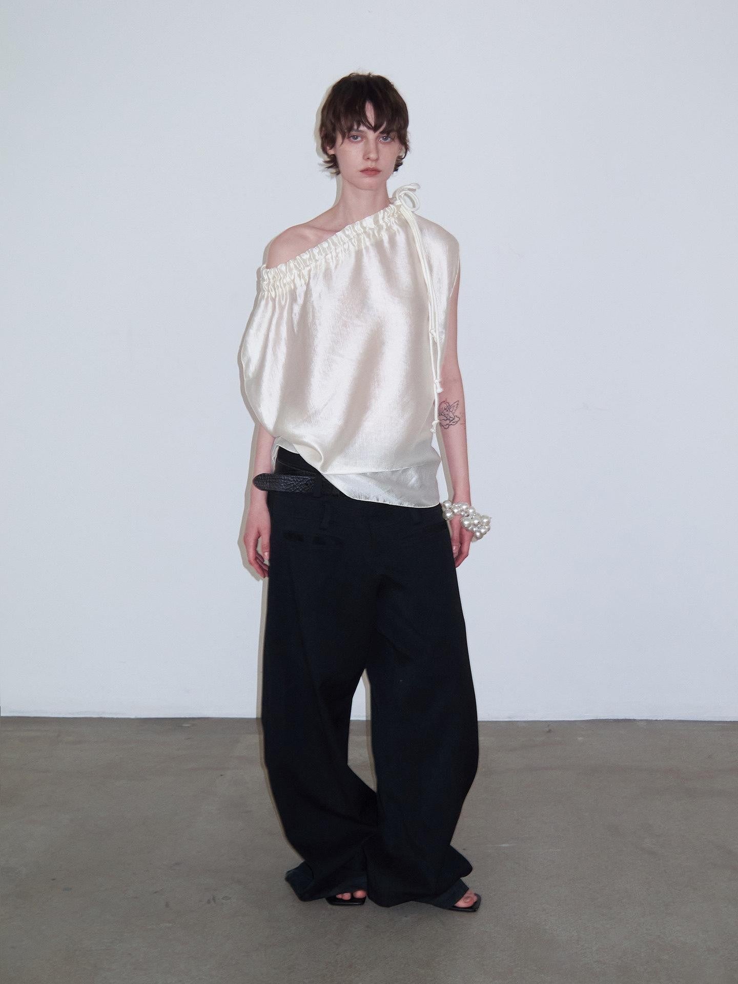 Delivery Champagne Sheen Ruched Knot Tie Lace Collar Asymmetric Shoulder Women&