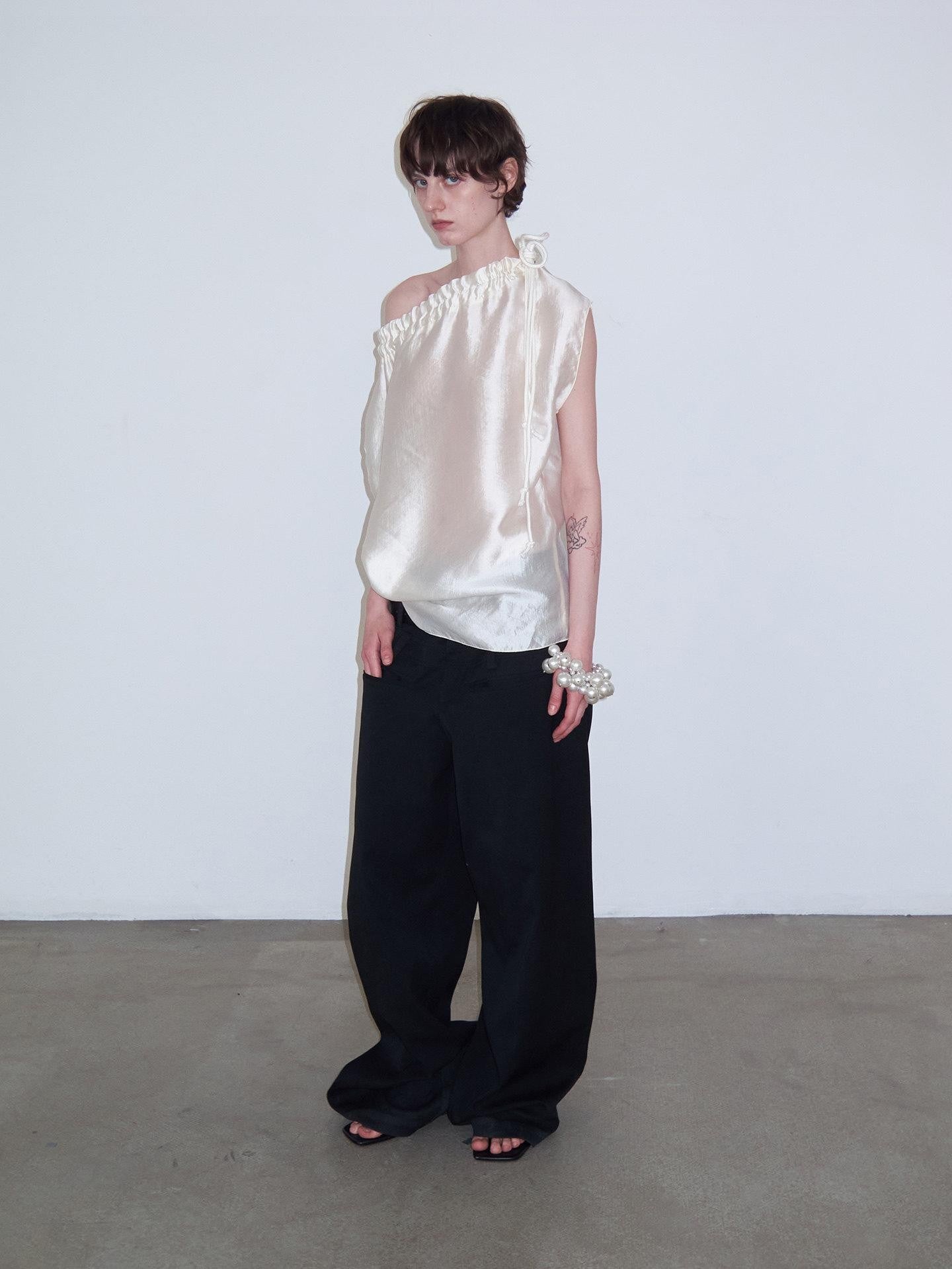 Delivery Champagne Sheen Ruched Knot Tie Lace Collar Asymmetric Shoulder Women&