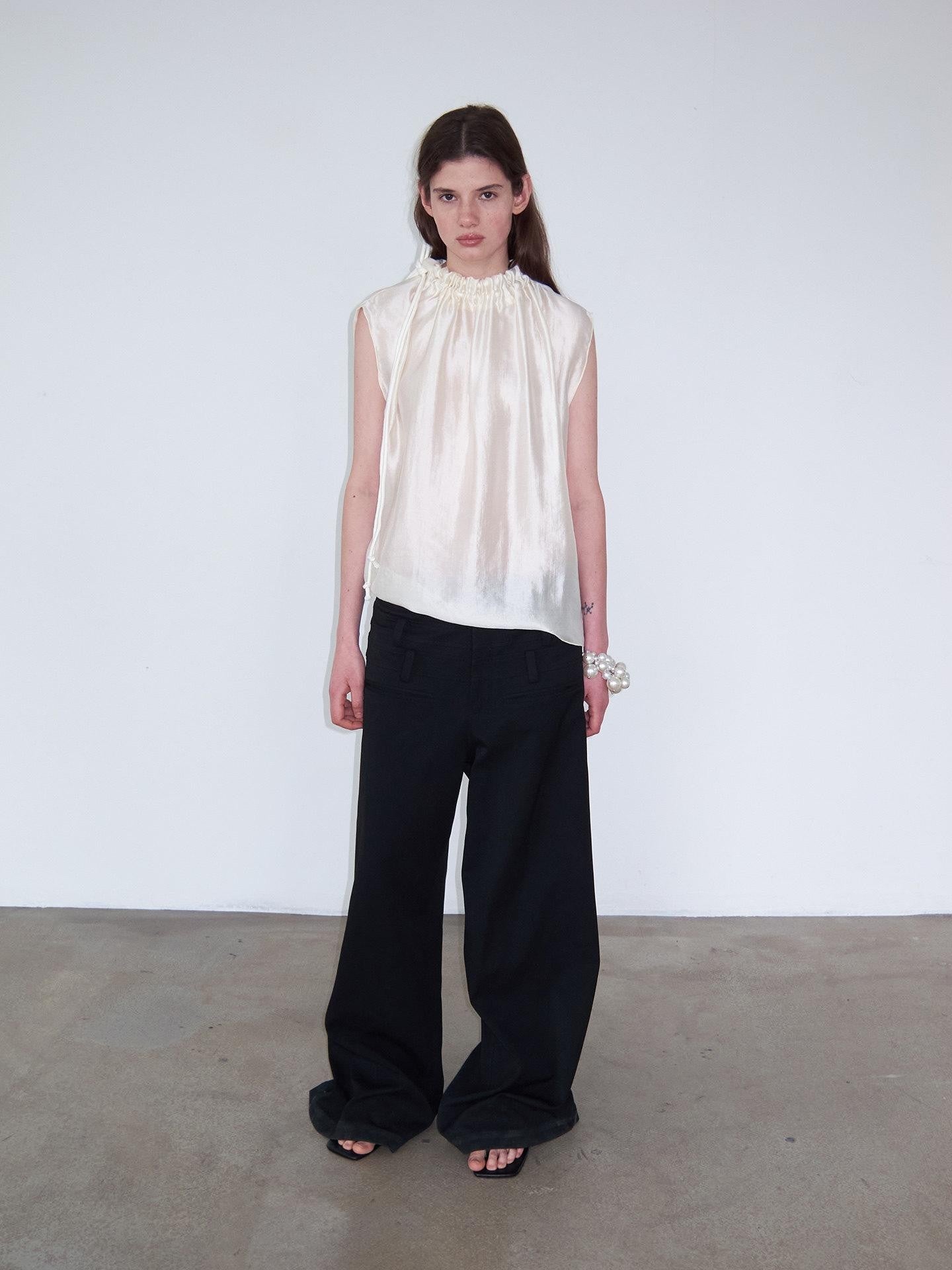 Delivery Champagne Sheen Ruched Knot Tie Lace Collar Asymmetric Shoulder Women&