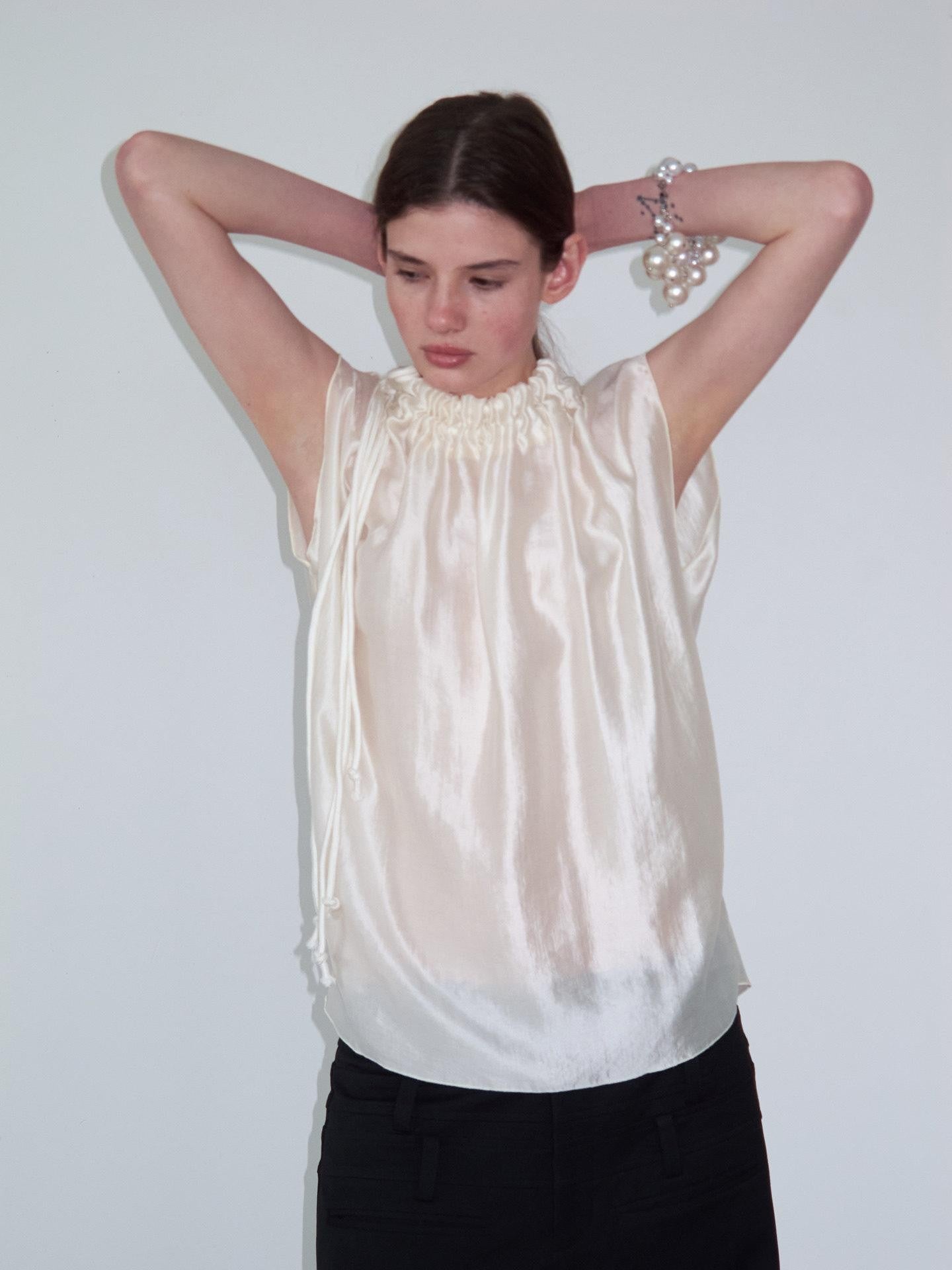 Delivery Champagne Sheen Ruched Knot Tie Lace Collar Asymmetric Shoulder Women&