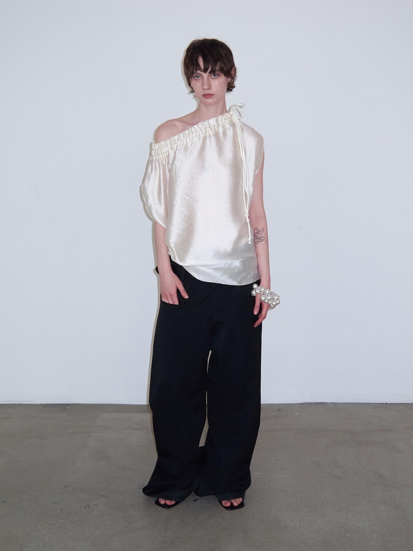 Delivery Champagne Sheen Ruched Knot Tie Lace Collar Asymmetric Shoulder Women&