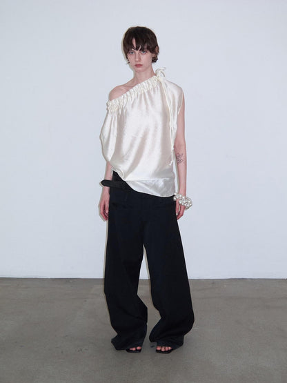 Delivery Champagne Sheen Ruched Knot Tie Lace Collar Asymmetric Shoulder Women&