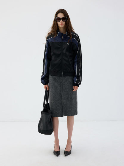Delivery Color Block Stand Collar Zip Polyester Women&