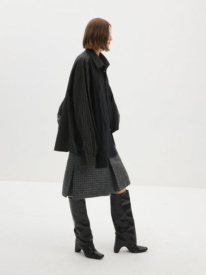 Delivery Colorblock Plaid Faux Layered Convertible Sleeves Women&