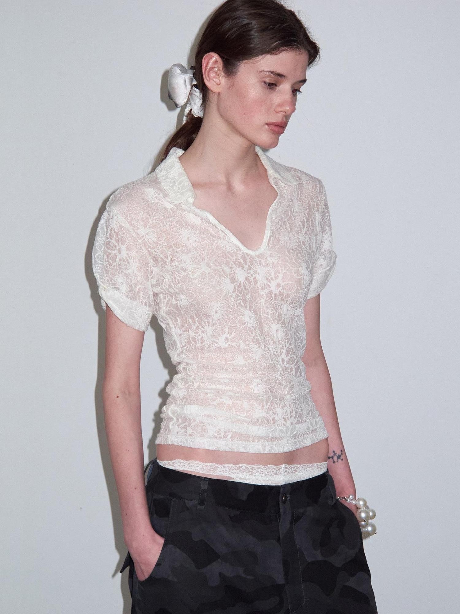 Delivery Cream Jacquard Lace Polo Collar U Neck Knit Women&