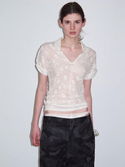 Delivery Cream Jacquard Lace Polo Collar U Neck Knit Women&