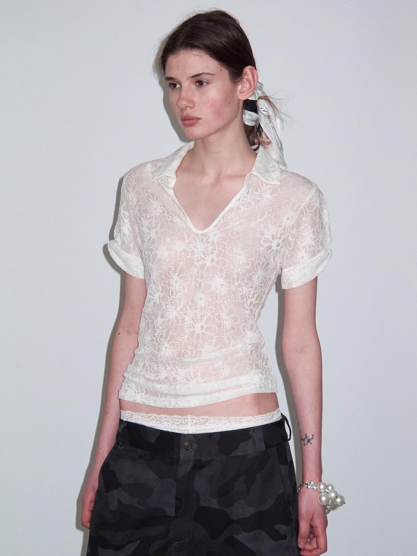 Delivery Cream Jacquard Lace Polo Collar U Neck Knit Women&