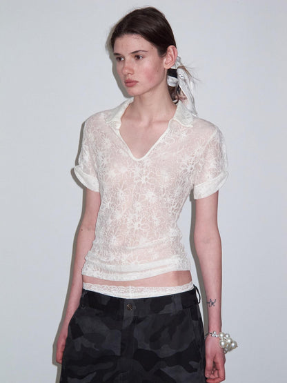 Delivery Cream Jacquard Lace Polo Collar U Neck Knit Women&