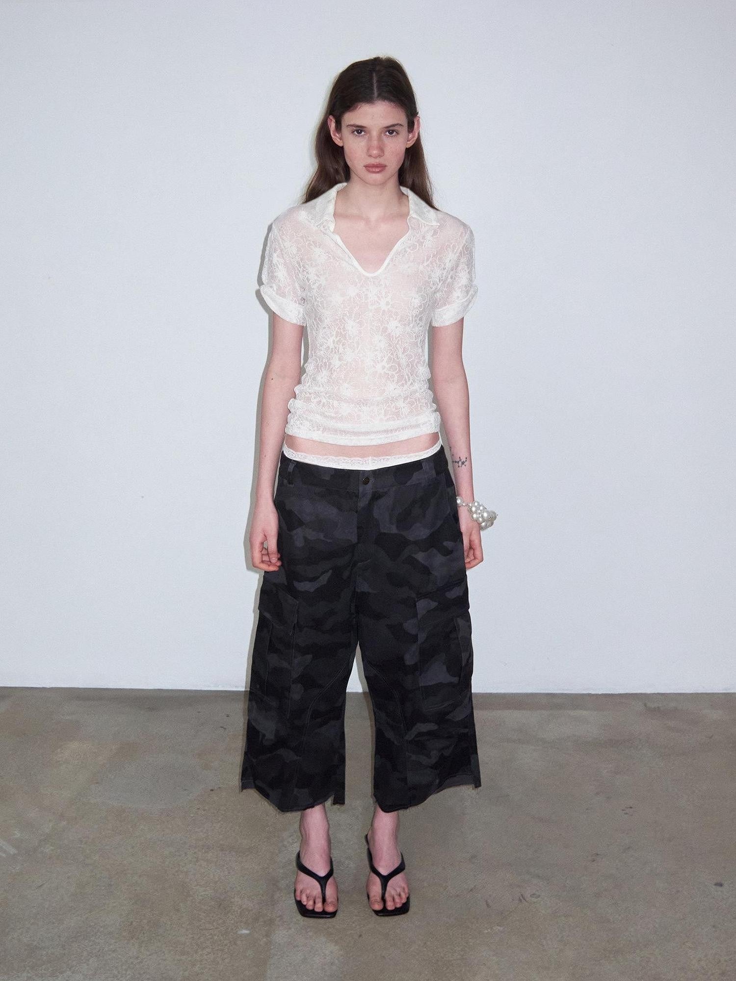 Delivery Cream Jacquard Lace Polo Collar U Neck Knit Women&