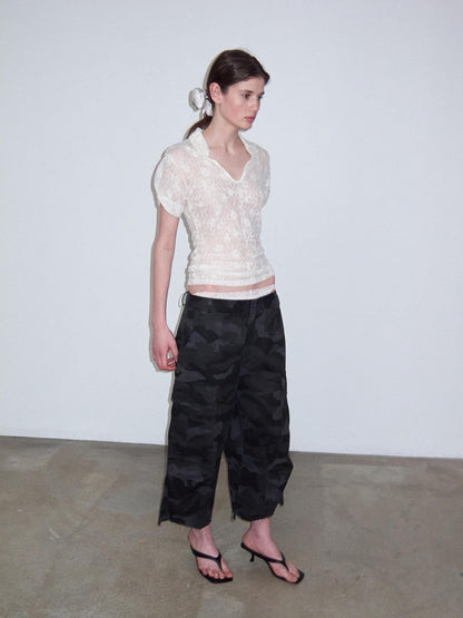 Delivery Cream Jacquard Lace Polo Collar U Neck Knit Women&