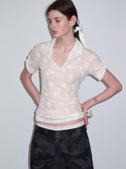 Delivery Cream Jacquard Lace Polo Collar U Neck Knit Women&