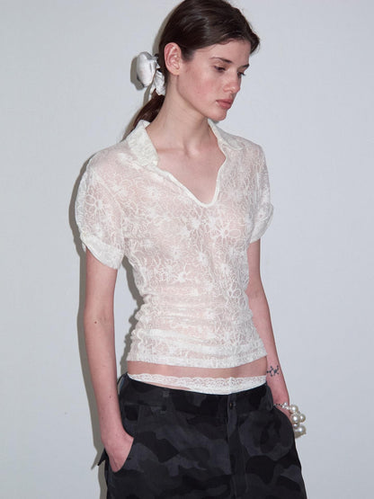 Delivery Cream Jacquard Lace Polo Collar U Neck Knit Women&