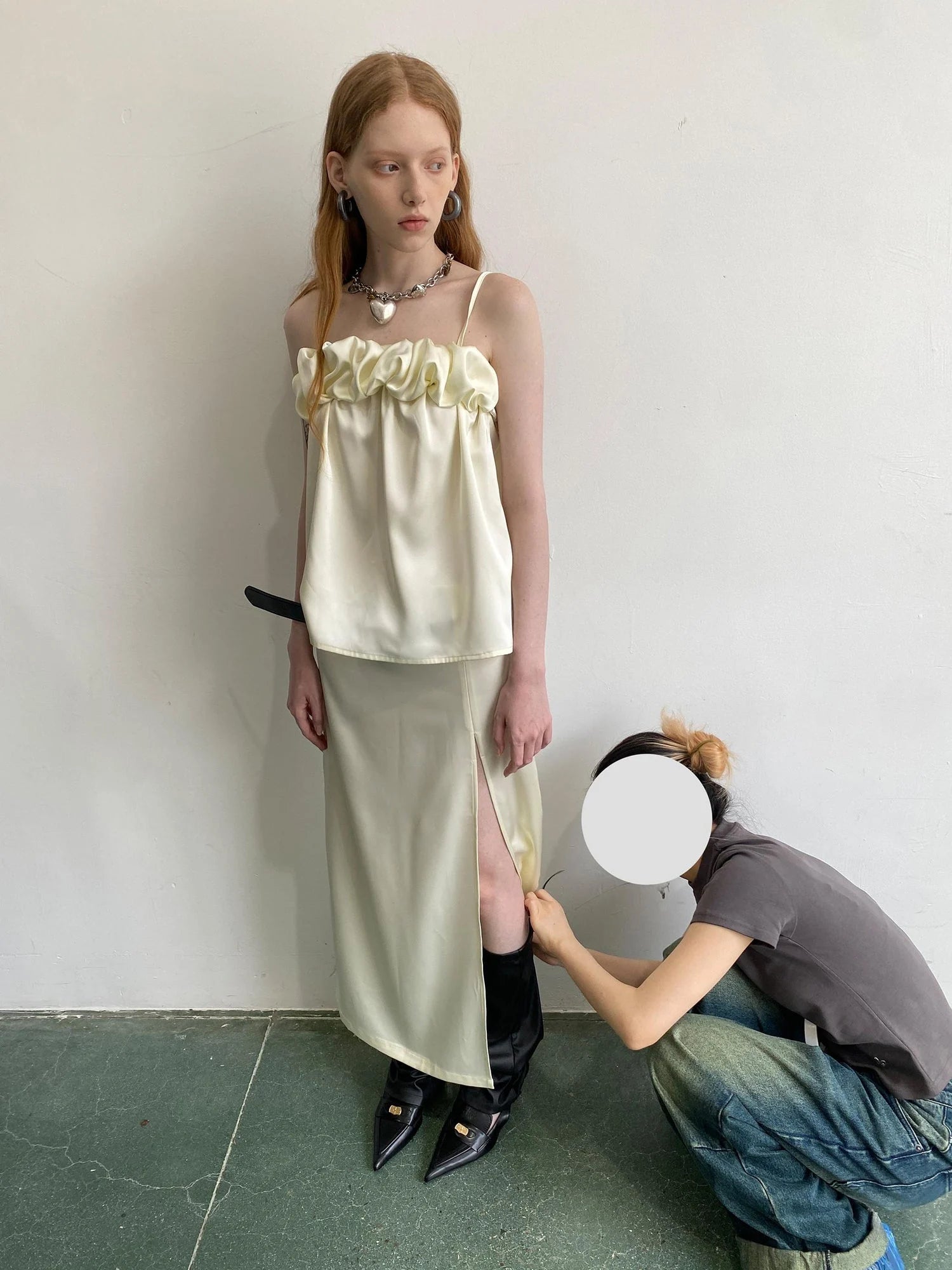 Crepe Satin Slip Dress with Ruffle Hem High Slit