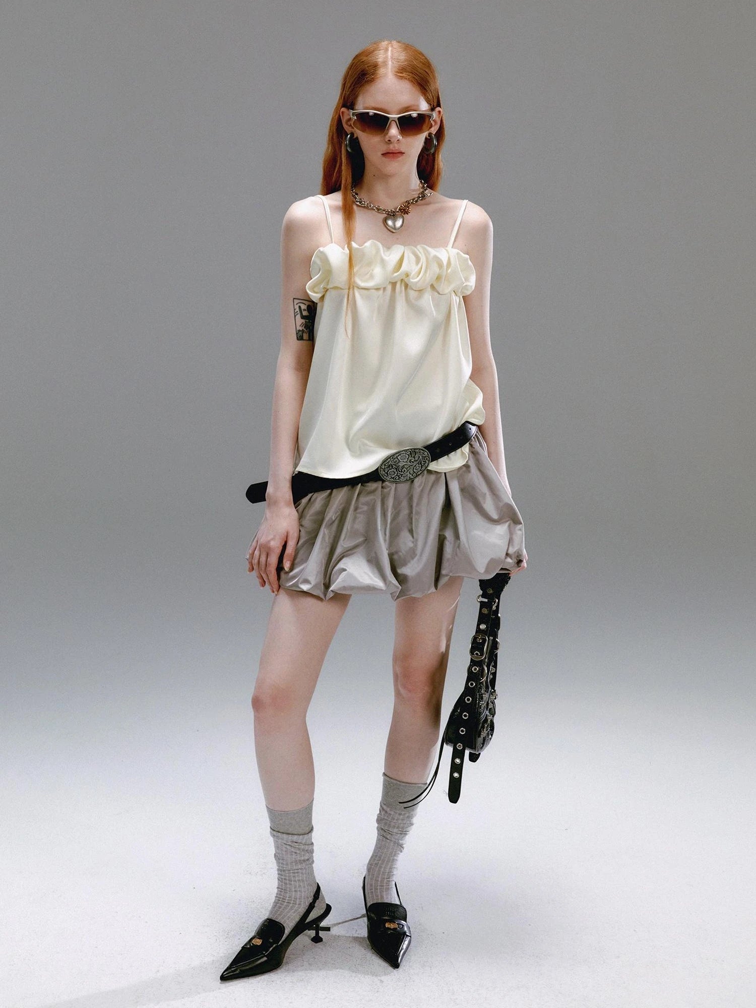 Crepe Satin Slip Dress with Ruffle Hem High Slit