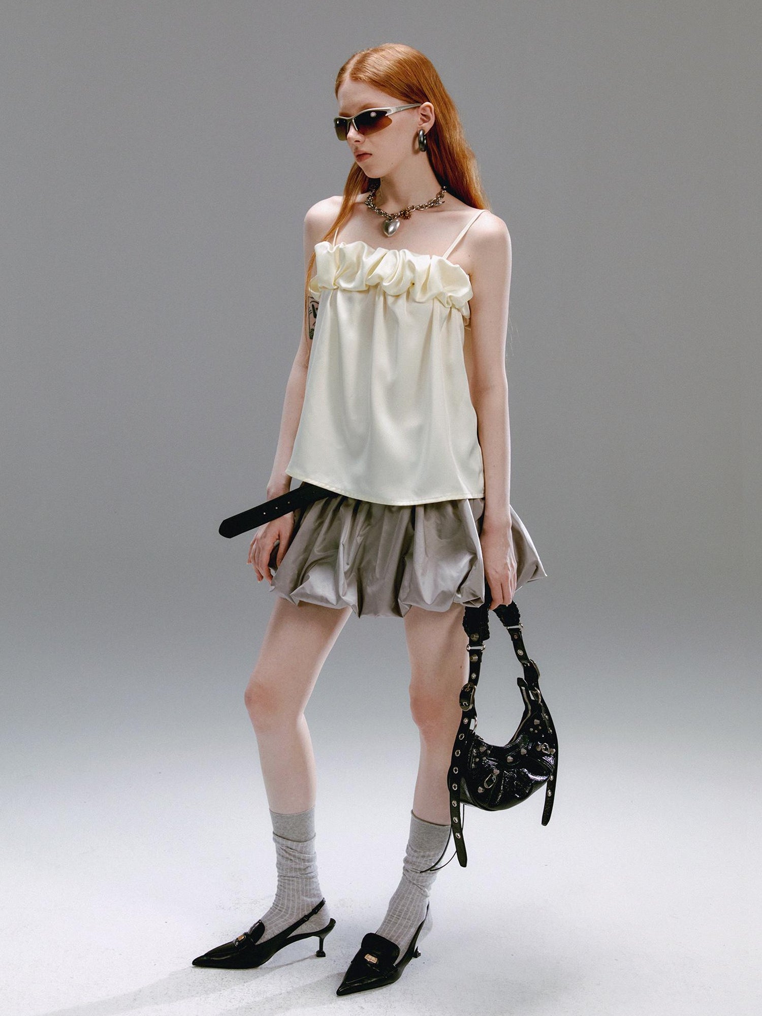 Delivery Crepe Satin Slip Dress with Ruffle Hem High Slit