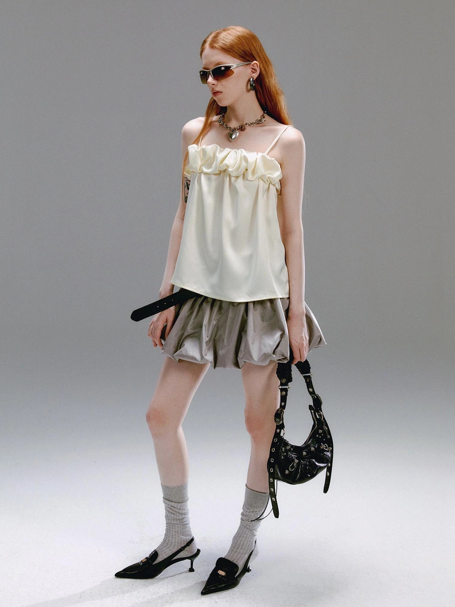 Crepe Satin Slip Dress with Ruffle Hem High Slit