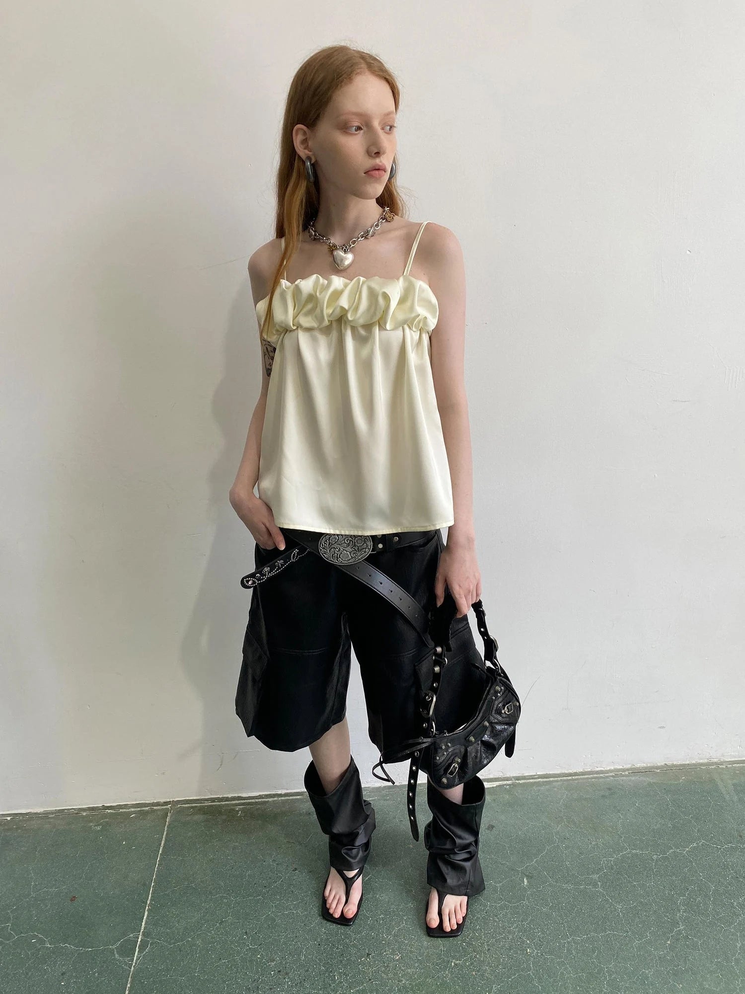 Crepe Satin Slip Dress with Ruffle Hem High Slit