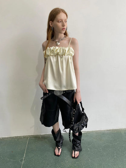 Crepe Satin Slip Dress with Ruffle Hem High Slit