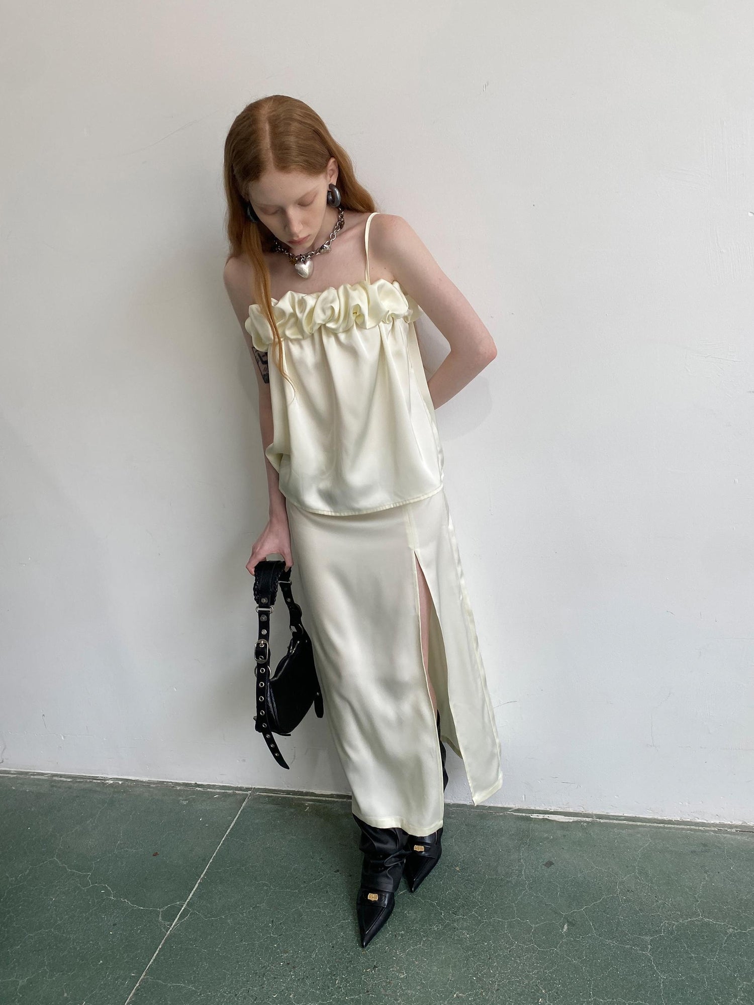 Delivery Crepe Satin Slip Dress with Ruffle Hem High Slit