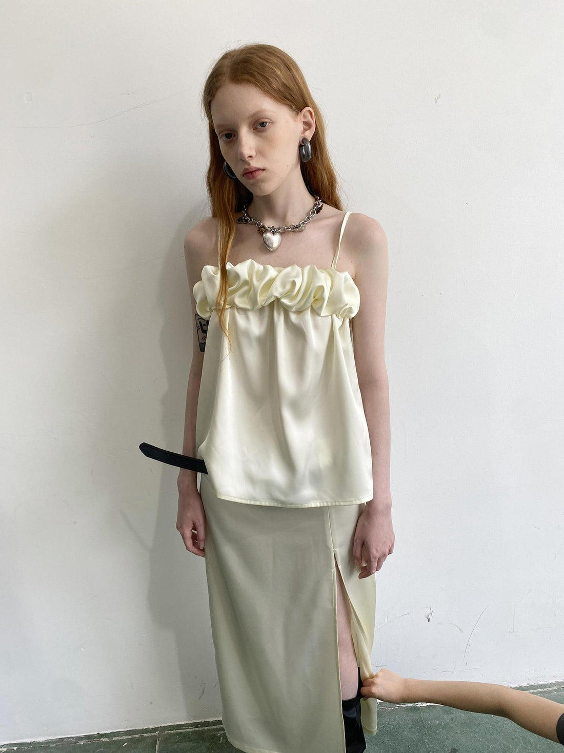 Delivery Crepe Satin Slip Dress with Ruffle Hem High Slit