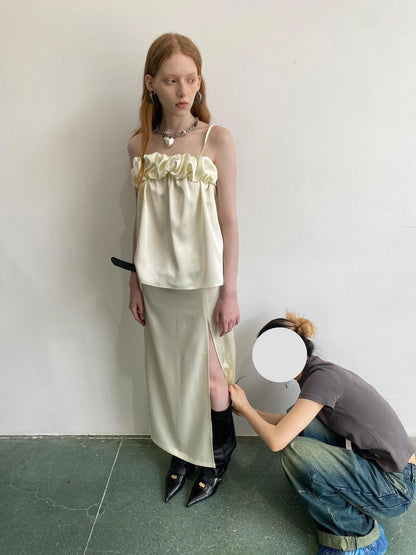Crepe Satin Slip Dress with Ruffle Hem High Slit