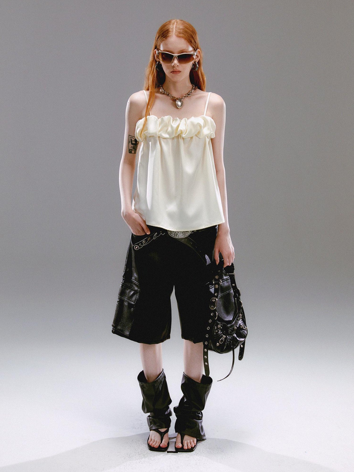 Delivery Crepe Satin Slip Dress with Ruffle Hem High Slit