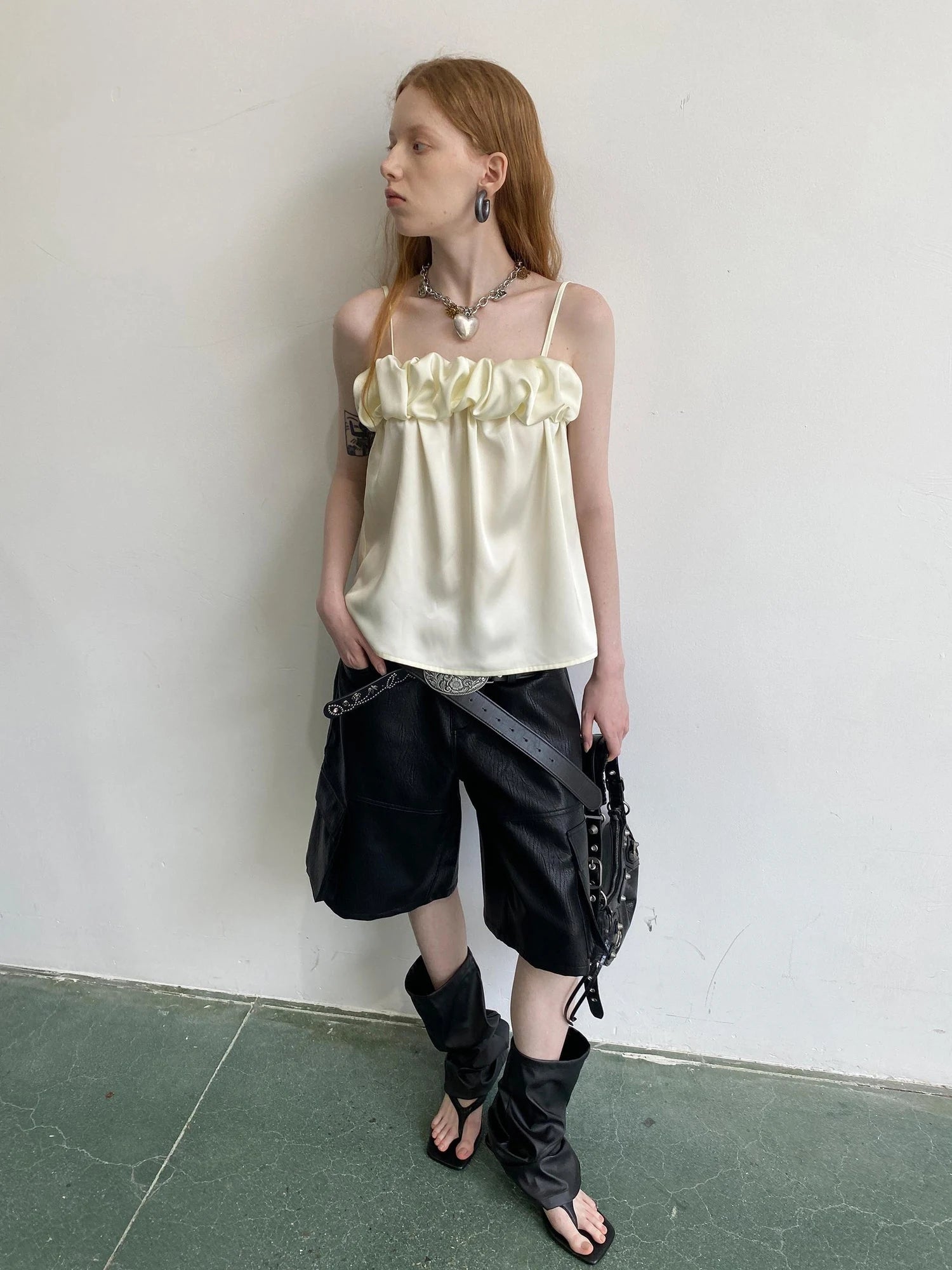 Crepe Satin Slip Dress with Ruffle Hem High Slit