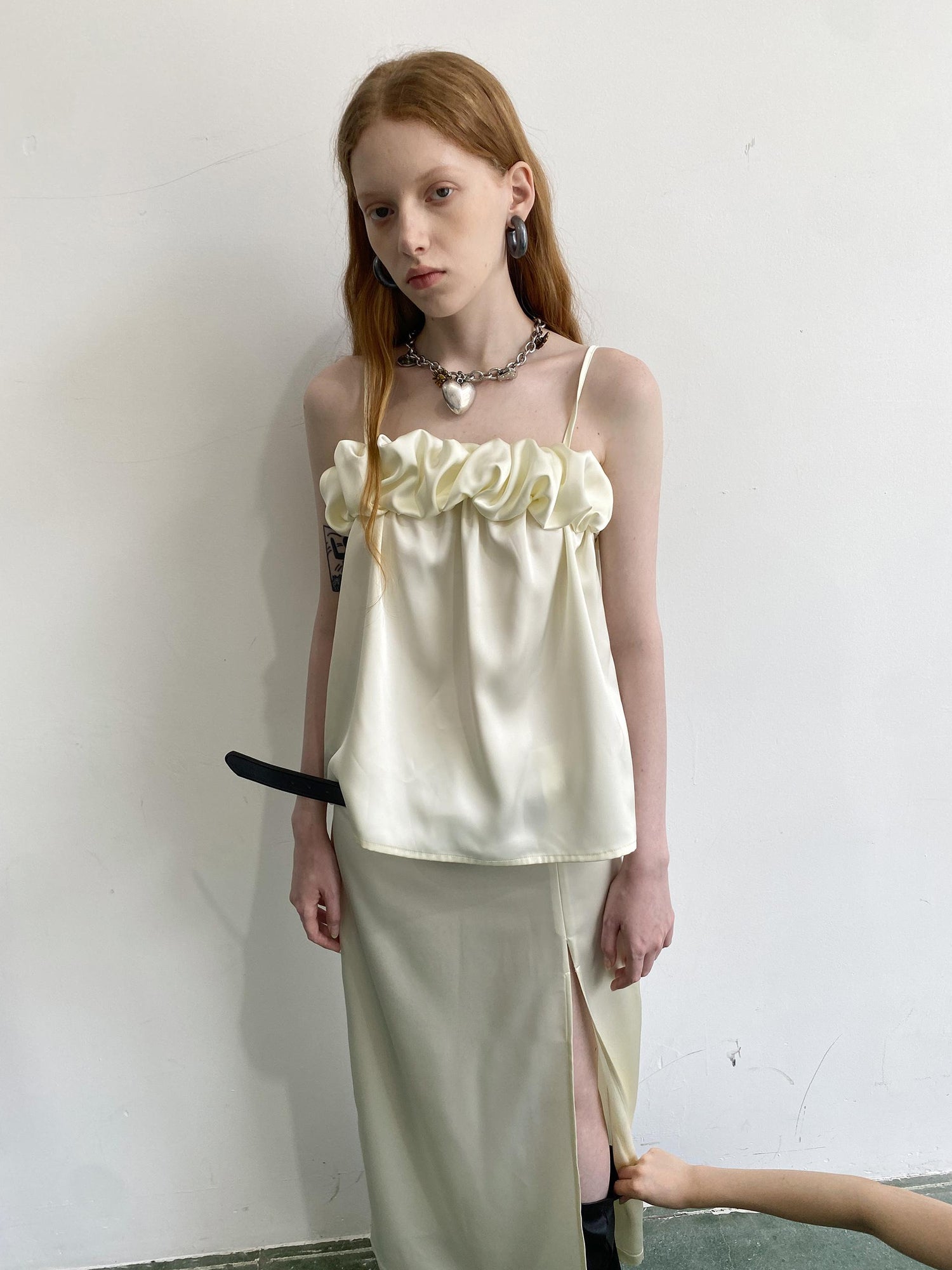 Delivery Crepe Satin Slip Dress with Ruffle Hem High Slit