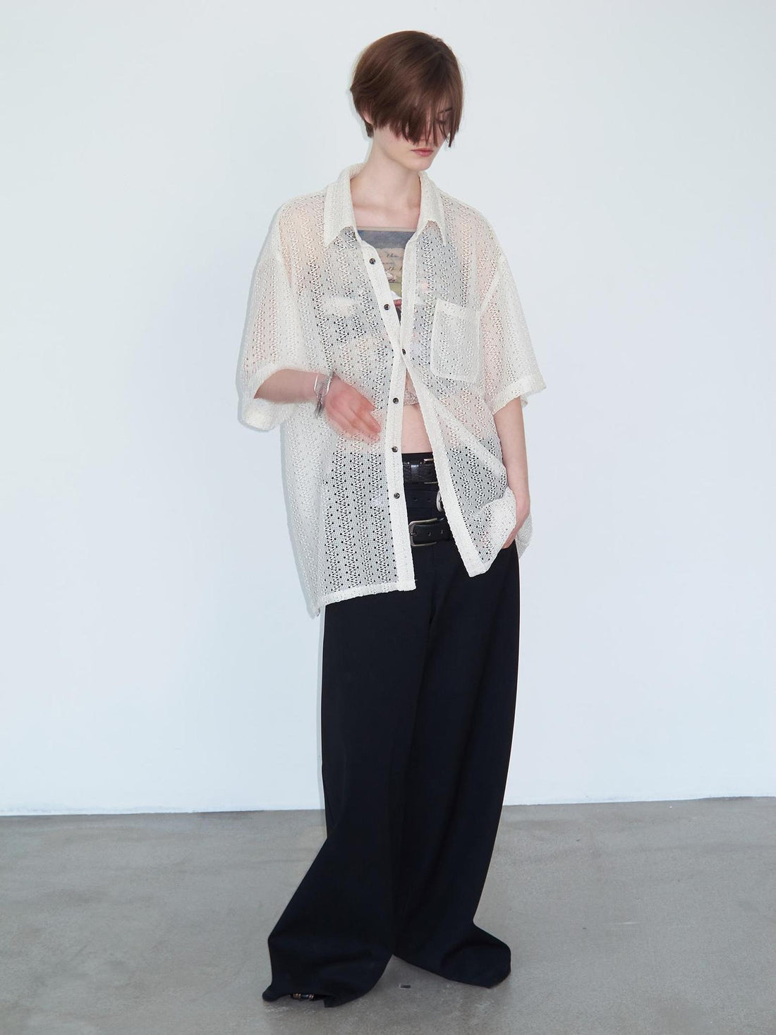 Delivery Crochet Knit Short Sleeve Shirt In Beige