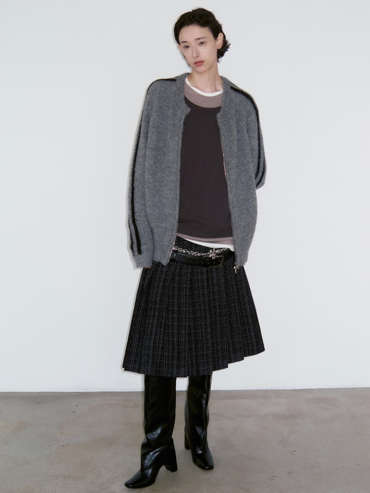 Delivery Dark Gray Black Woven Wool Tweed Pleated Low Waist A Line Women&