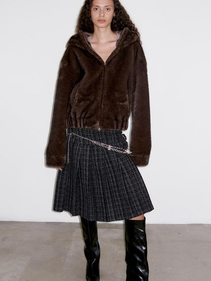 Delivery Dark Gray Black Woven Wool Tweed Pleated Low Waist A Line Women&