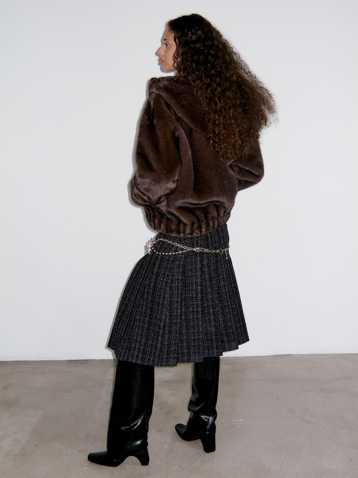 Delivery Dark Gray Black Woven Wool Tweed Pleated Low Waist A Line Women&