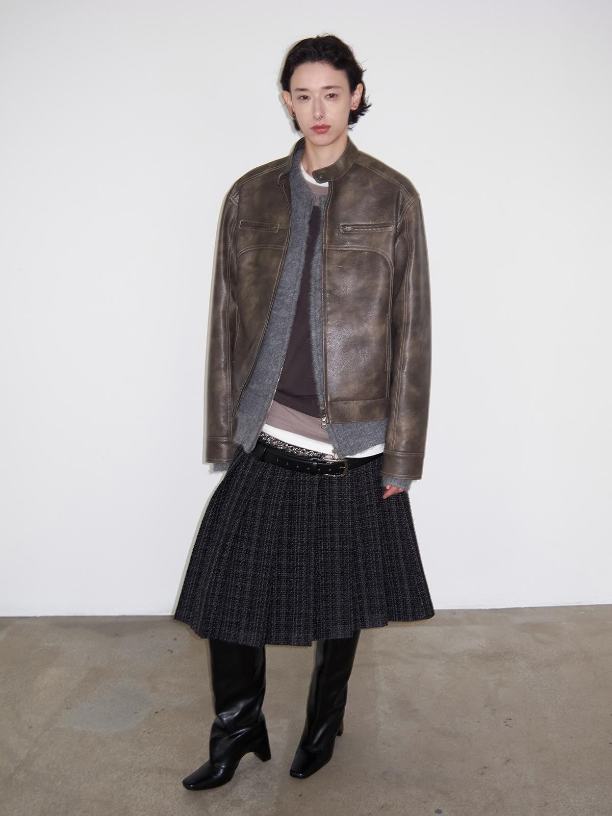 Delivery Dark Gray Black Woven Wool Tweed Pleated Low Waist A Line Women&