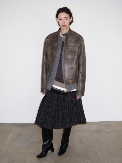 Delivery Dark Gray Black Woven Wool Tweed Pleated Low Waist A Line Women&