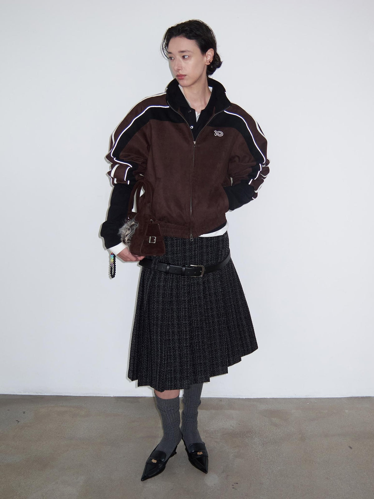 Delivery Dark Gray Black Woven Wool Tweed Pleated Low Waist A Line Women&