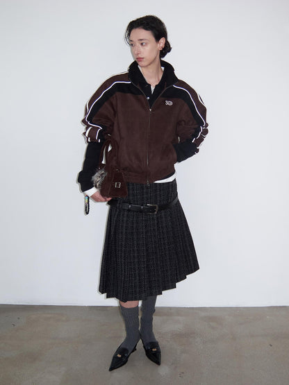 Delivery Dark Gray Black Woven Wool Tweed Pleated Low Waist A Line Women&