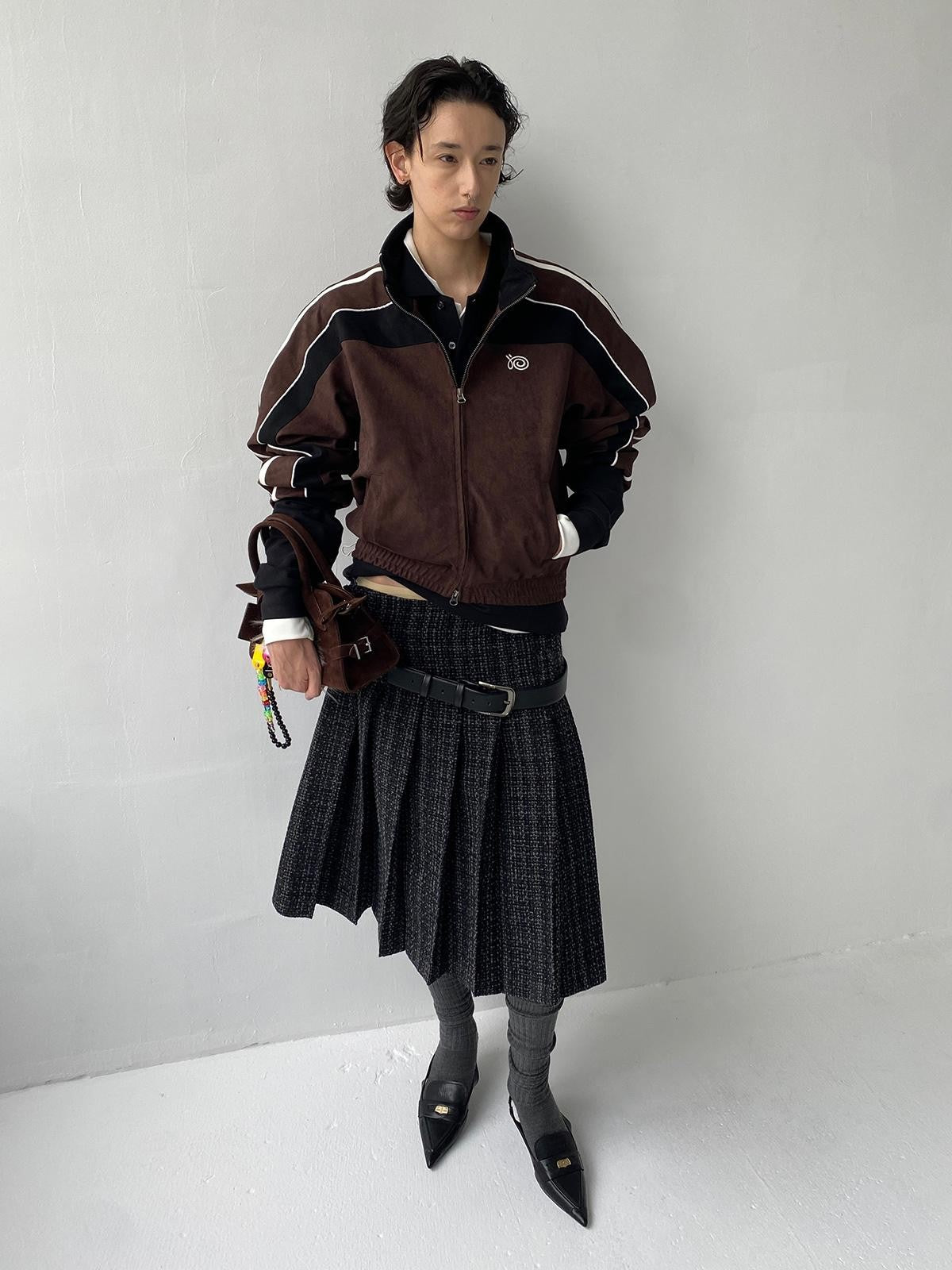 Delivery Dark Gray Black Woven Wool Tweed Pleated Low Waist A Line Women&