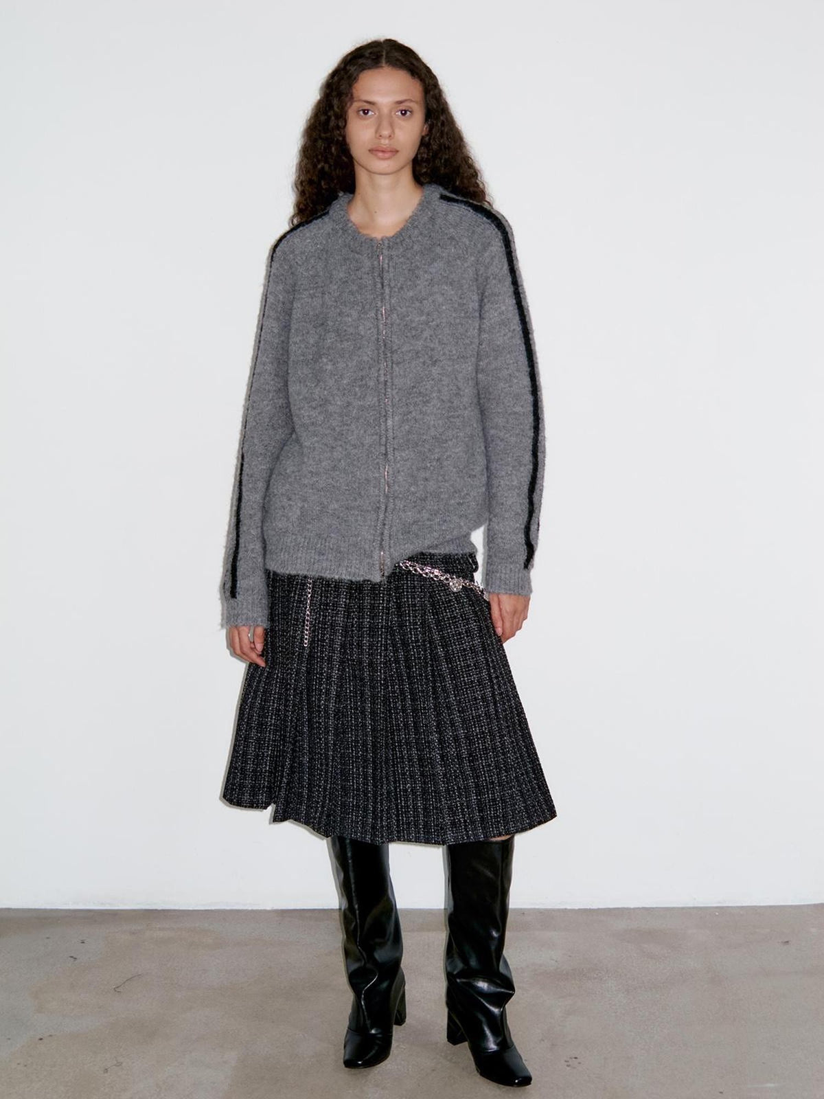 Delivery Dark Gray Black Woven Wool Tweed Pleated Low Waist A Line Women&
