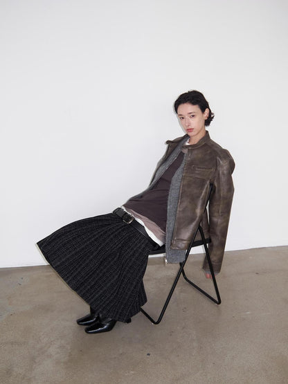 Delivery Dark Gray Black Woven Wool Tweed Pleated Low Waist A Line Women&