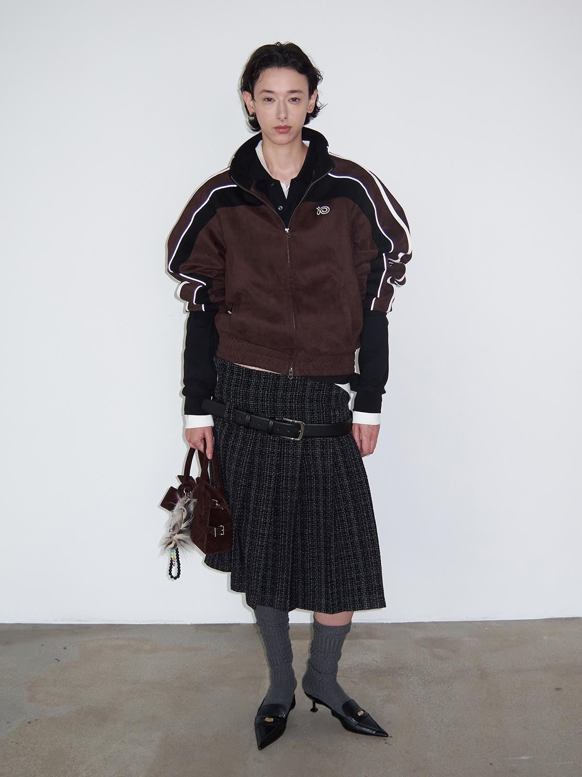 Delivery Dark Gray Black Woven Wool Tweed Pleated Low Waist A Line Women&