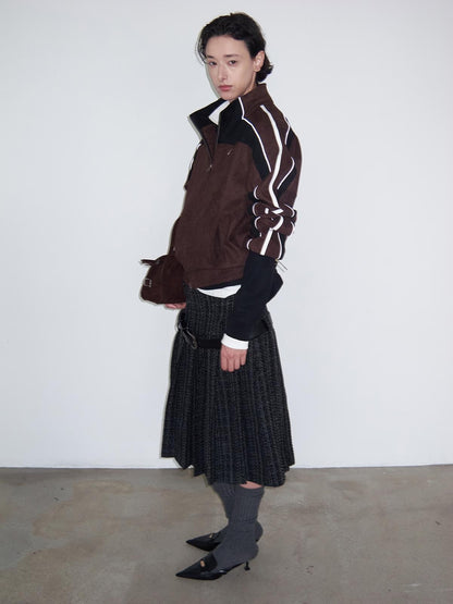 Delivery Dark Gray Black Woven Wool Tweed Pleated Low Waist A Line Women&